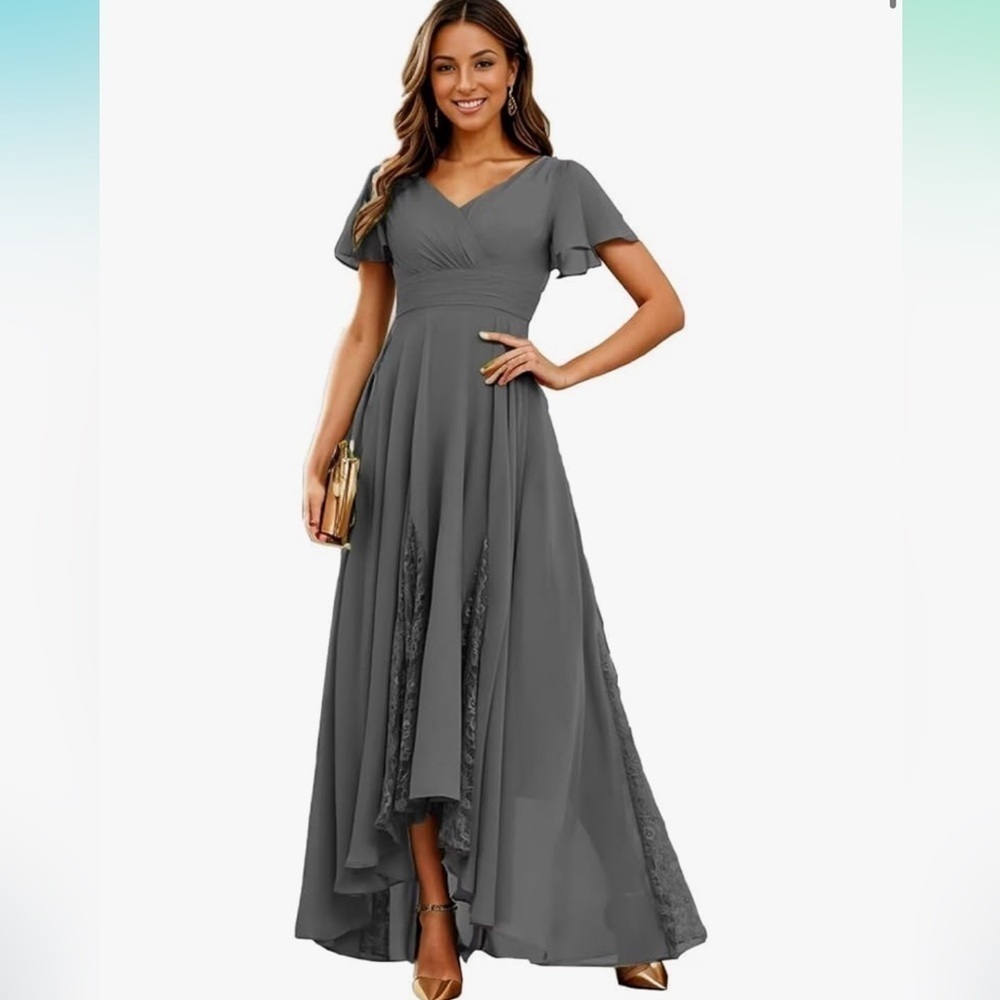Grey V Neck Flutter Sleeve A line Dress with Lace Insets Sz 10 NWT